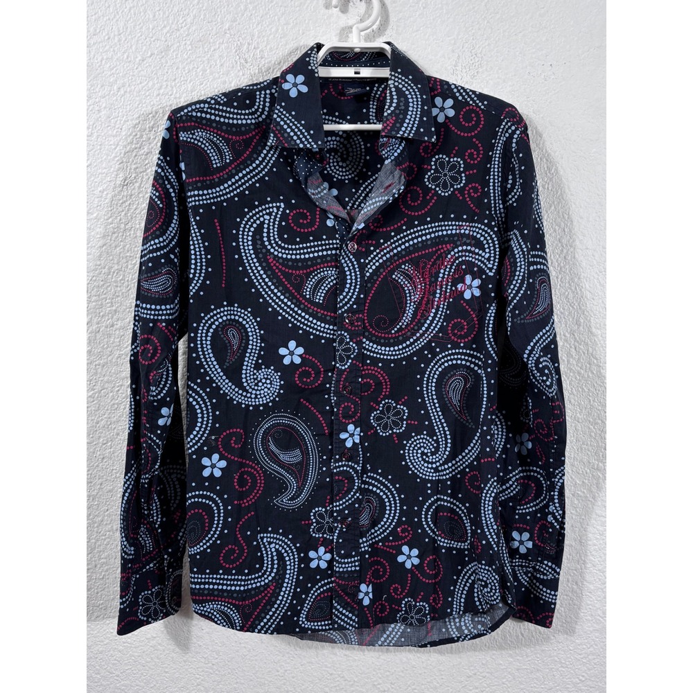 Marithe Francois Girbaud Button Up Men Medium Black‎ Blue Paisley Disco Dot